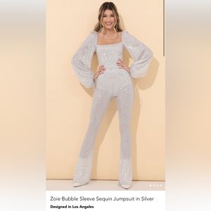 Zoie Bubble Sleeve Sequin Jumpsuit in silver